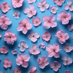 Pastel spring tender background, fresh pink field flowers, petals and leaves flat lay against blue background