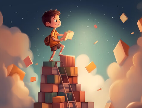 Stack Of Books One Overnight Letter On It And Kid Preschooler Boy Or Girl Stepping Sitting On Top.cartoon Or Realistic Style, Generative Ai Image.back To School