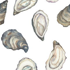 Watercolor oyster shells on white background. Seamless pattern. Hand drawn illustration for restaurant menu, recipes, invitation