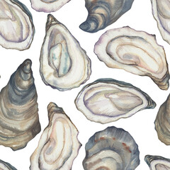 Watercolor oyster shells on white background. Seamless pattern. Hand drawn illustration for restaurant menu, recipes, invitation
