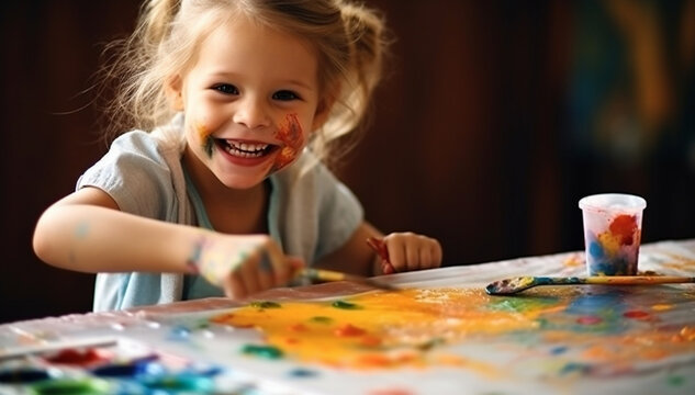 Happy cute girl painting with paintbrushes on papers at table with palette of colorful paints. Having fun and paint on her face. smiling girl