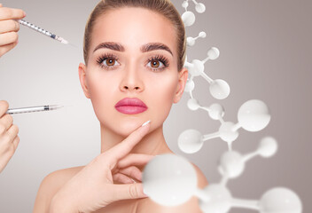Beautiful woman has an injections among molecules structure.