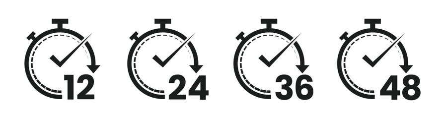 12, 24, 36 and 48 hours clock icon. 24 hours icon vector. Security Protection 24 hours. Flat Vector illustration.