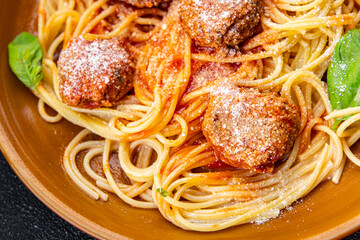 meatball spaghetti tomato sauce pasta dish meal food snack on the table copy space food background rustic top view