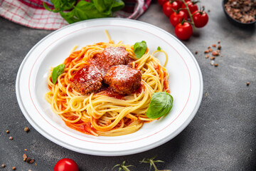 meatball spaghetti tomato sauce pasta dish meal food snack on the table copy space food background rustic top view