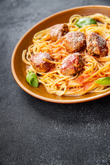 meatball spaghetti tomato sauce pasta dish meal food snack on the table copy space food background rustic top view