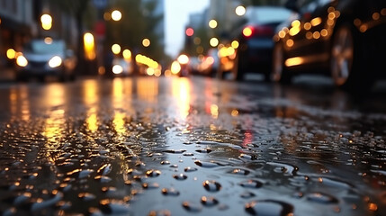 Macro shot of wet city street floor cobblestone during the rain. Rainy and gloomy morning in the metropolis. Realistic 3D illustration. Generative AI