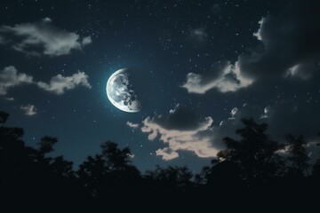 Naklejka na ściany i meble Partly cloudy night with crescent moon and stars. Generative AI
