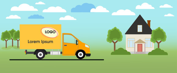 Delivery van ships a parcel in a city. Concept of express delivery. Express free delivery from the warehouse by truck, Home and office. Copy space for the logo. Vector illustration. © Richir