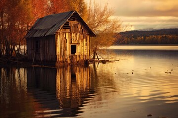 Old shack by the lake. Generative AI