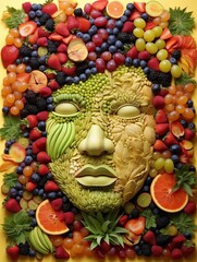 Fototapeta premium Man's face completely made of different fruits and vegetables on yellow background. Healthy nutrition concept
