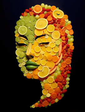 Creative face made of various fruits and vegetables on a black background. Vegetarian concept