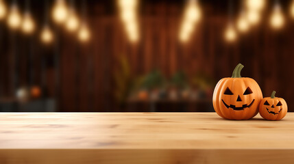 Festive empty wooden table top and blurred Halloween background. Spooky Product montage display with cute pumpkin. Generative Ai.