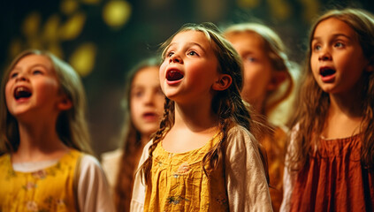 Group Of School Children Singing In Choir Together or perform a musical. Cute kids singing in a music class or dancing on stage - obrazy, fototapety, plakaty