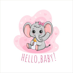 Obraz premium Cute little elephant, cartoon animal character. Poster for baby room, baby shower, greeting card, kids and baby t-shirts and wear. Nursery illustration. Vector