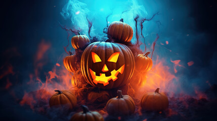 Halloween illustration. Jack-o-lantern on a throne of pumpkins against a backdrop of a glowing misty smoke in orange and cyan colors. Generative Ai.