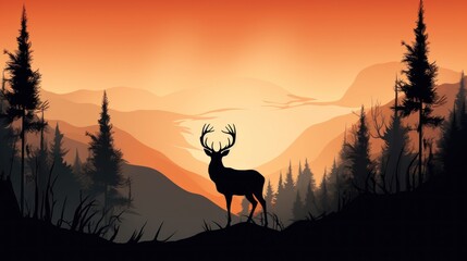 Deer silhouette on the dark forest shadow. Illustration