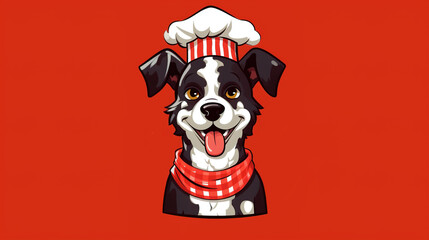 Cook dog in a kitchen cap on a red background. AI generation