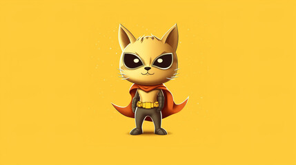 Fototapeta premium Cartoon superhero cat on a yellow background. AI generation