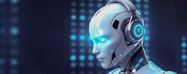 Humanoid robot in headphones on a blue background. Banner, place for text. AI generation.	
