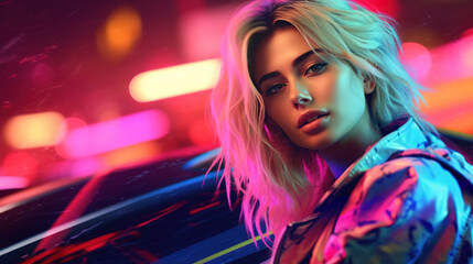 Obraz na płótnie Canvas Girl on the background of racing neon cars. AI generation