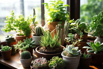 Fototapeta na wymiar Succulents and potted plants, interior decoration, Generative AI