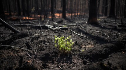 Fototapeta premium Grass starting to grow up on the burned black ground