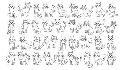 Set of 36 cute different cartoon cats with different emotions. Black and white simple linear vector illustration