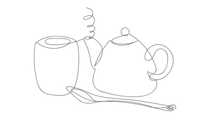 Japanese tea drinking set, teapot, cup, spoon, drawing in one line style on a white background. Vector illustration