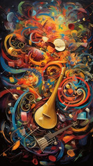 Naklejka premium In a captivating photograph, a whirlwind of musical notes and instruments takes center stage, celebrating International Music Day and Universal Music Day.