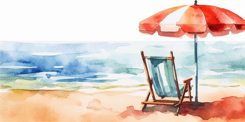 Seaside view with beach hair and parasol. Colourful watercolour vector illustration. © RetroVector