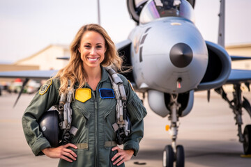 Military fighter jet woman pilot portrait. Generative AI