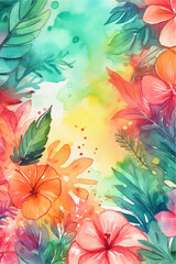Fototapeta na wymiar Vivid leaves and flowers background. Colourful watercolour vector illustration.