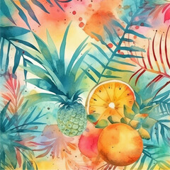 Obraz na płótnie Canvas Abstract fruits and leaves background. Colourful watercolour vector illustration.
