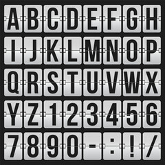 Set of letters and numbers on a mechanical scoreboard. Vector template for your design.