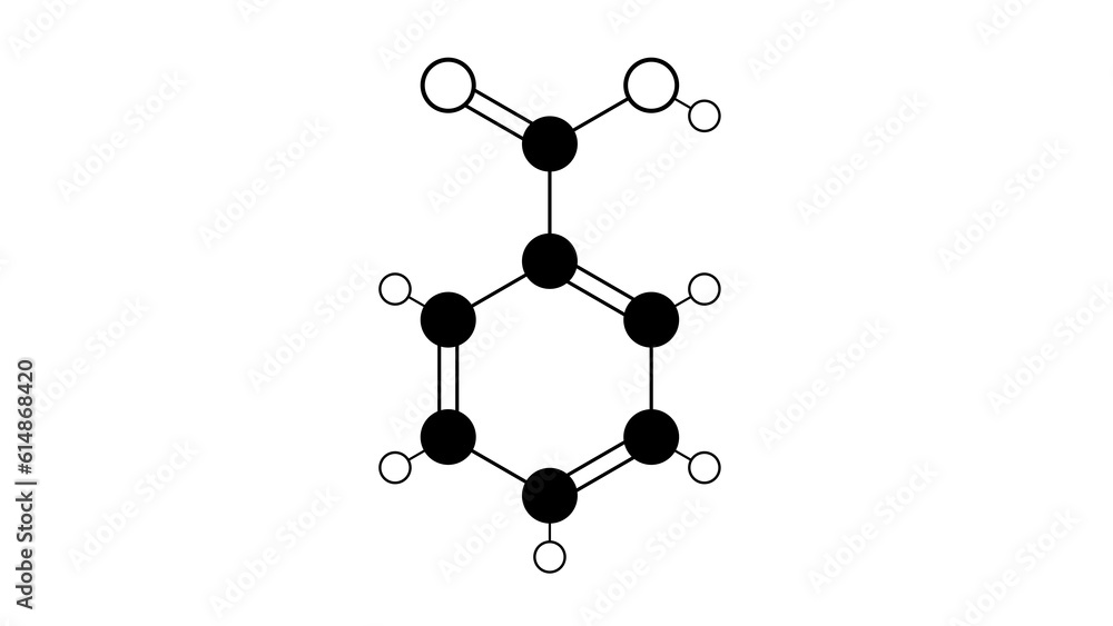 Wall mural benzoic acid molecule, structural chemical formula, ball-and-stick model, isolated image aromatic carboxylic acid