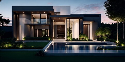 Fototapeta na wymiar Photo of a contemporary house with a stunning pool as its centerpiece