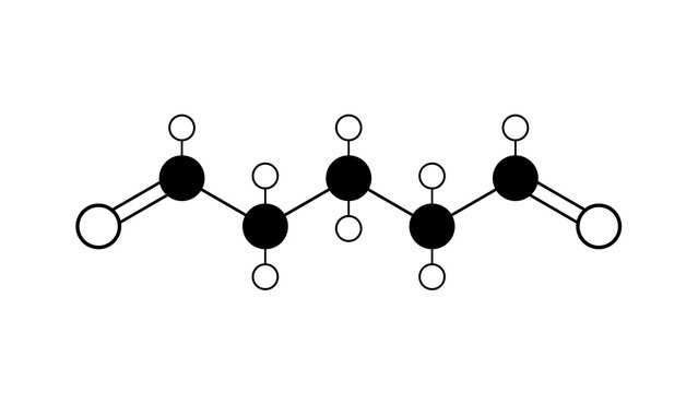 glutaraldehyde molecule, structural chemical formula, ball-and-stick model, isolated image crosslinking agent