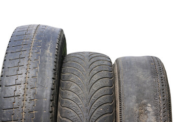 old worn damaged tires isolated on white background as pattern of damaged tire for advertising tire shop or car tire shop