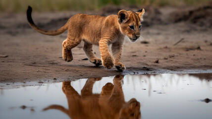 Obraz premium A baby lion, runs through the puddle, is reflected in the puddle