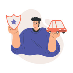 Car Insurance with Happy Man Character Hold Red Automobile and Shield Vector Illustration