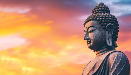 Tathagata Buddha statute, detail to head, orange pink sunset sky background - space for text. Generative AI
