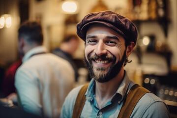 Portrait of a happy and smiling waiter, or small business owner in the coffee shop. 