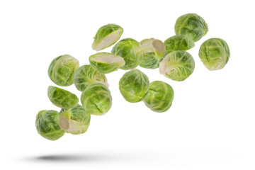 Green Brussels sprouts on a white isolated background. Flying vegetables isolated on white. Scatter a set of cabbage in different directions. Tasty and healthy food concept