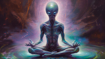 Painting of a meditating alien humanoid

