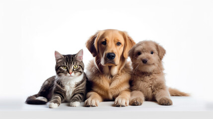 cute puppies and kittens sitting on white background. Generative AI