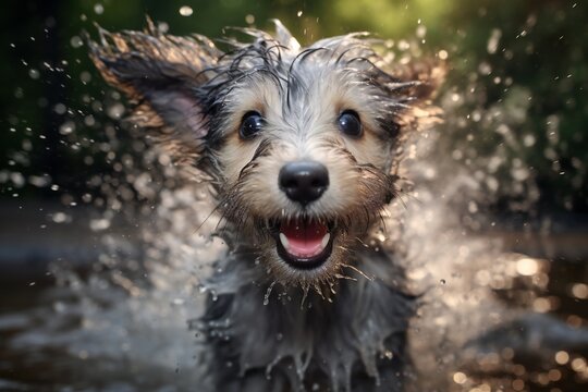 One Delightful Wet Baby dog Violently Shakes himself Whilst Looking at the Camera, Water Splashes, Movement, Photography Generative AI