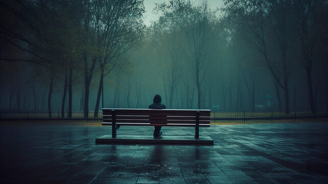 An image of depression showing a man sitting on an abandoned bench in a rainy park.

