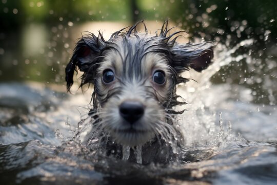 One Delightful Wet Baby dog Violently Shakes himself Whilst Looking at the Camera, Water Splashes, Movement, Photography Generative AI