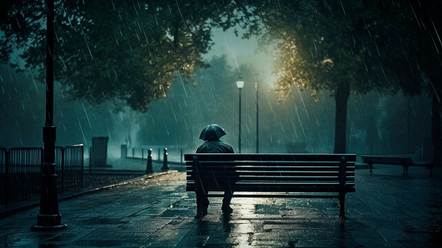 An image of depression showing a man sitting on an abandoned bench in a rainy park.

